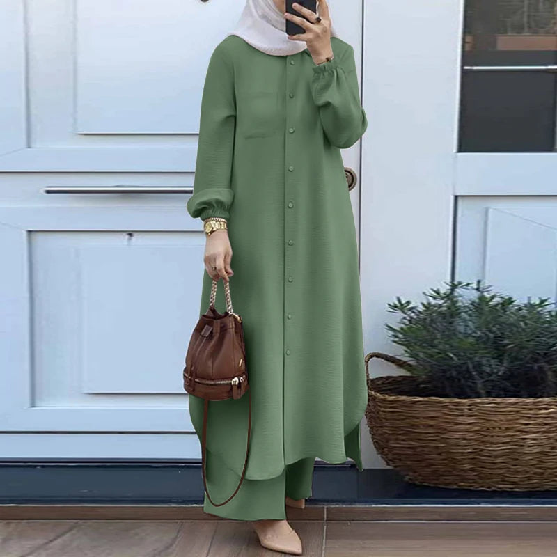Ensemble Abaya Femme 2 Pièces – Long Haut + Pantalon Large | Tenue Musulmane Élégante Style Dubai