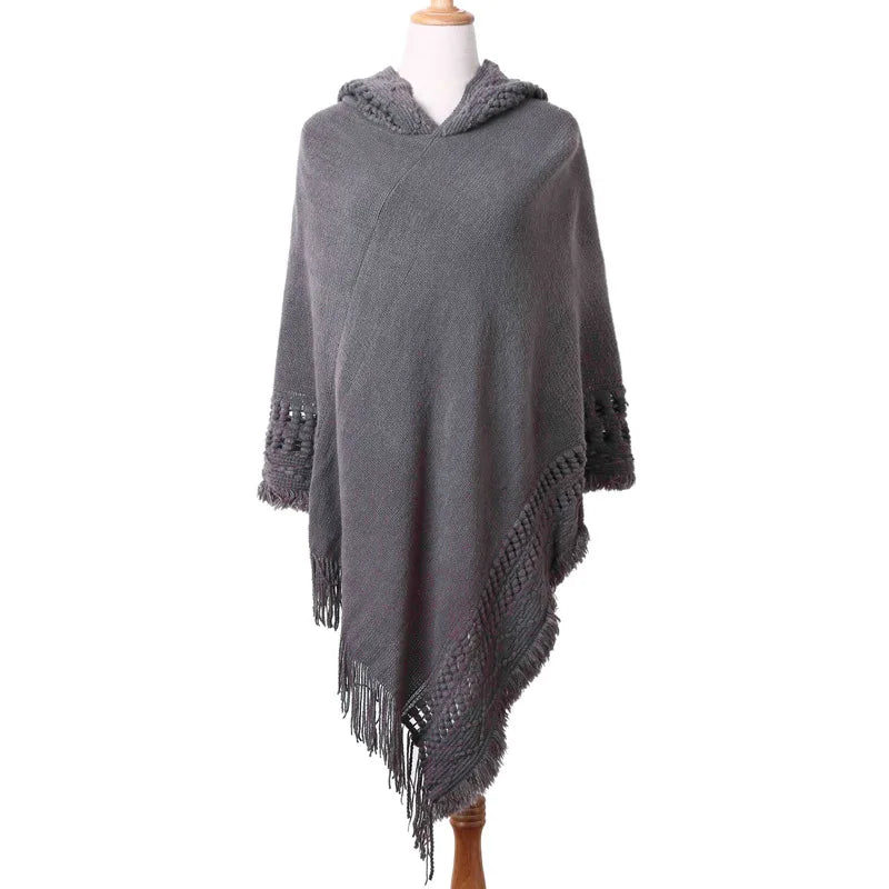 Poncho Cape Femme Bohème à Franges – Écharpe Châle Hiver avec Capuche | Style Boho Chic Oblique Stripe