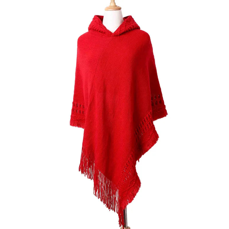 Poncho Cape Femme Bohème à Franges – Écharpe Châle Hiver avec Capuche | Style Boho Chic Oblique Stripe