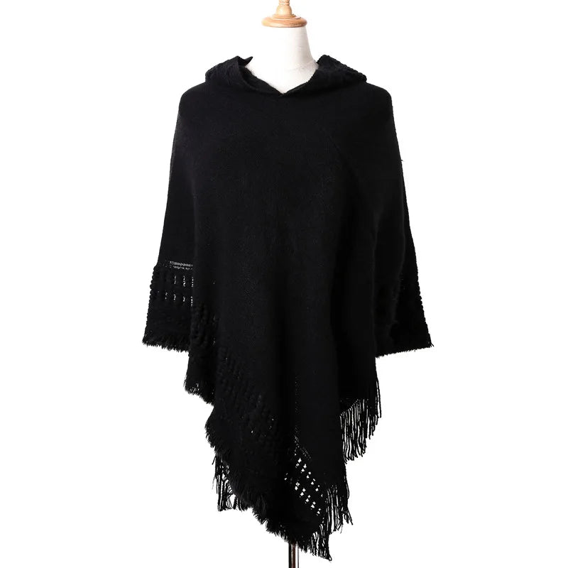 Poncho Cape Femme Bohème à Franges – Écharpe Châle Hiver avec Capuche | Style Boho Chic Oblique Stripe