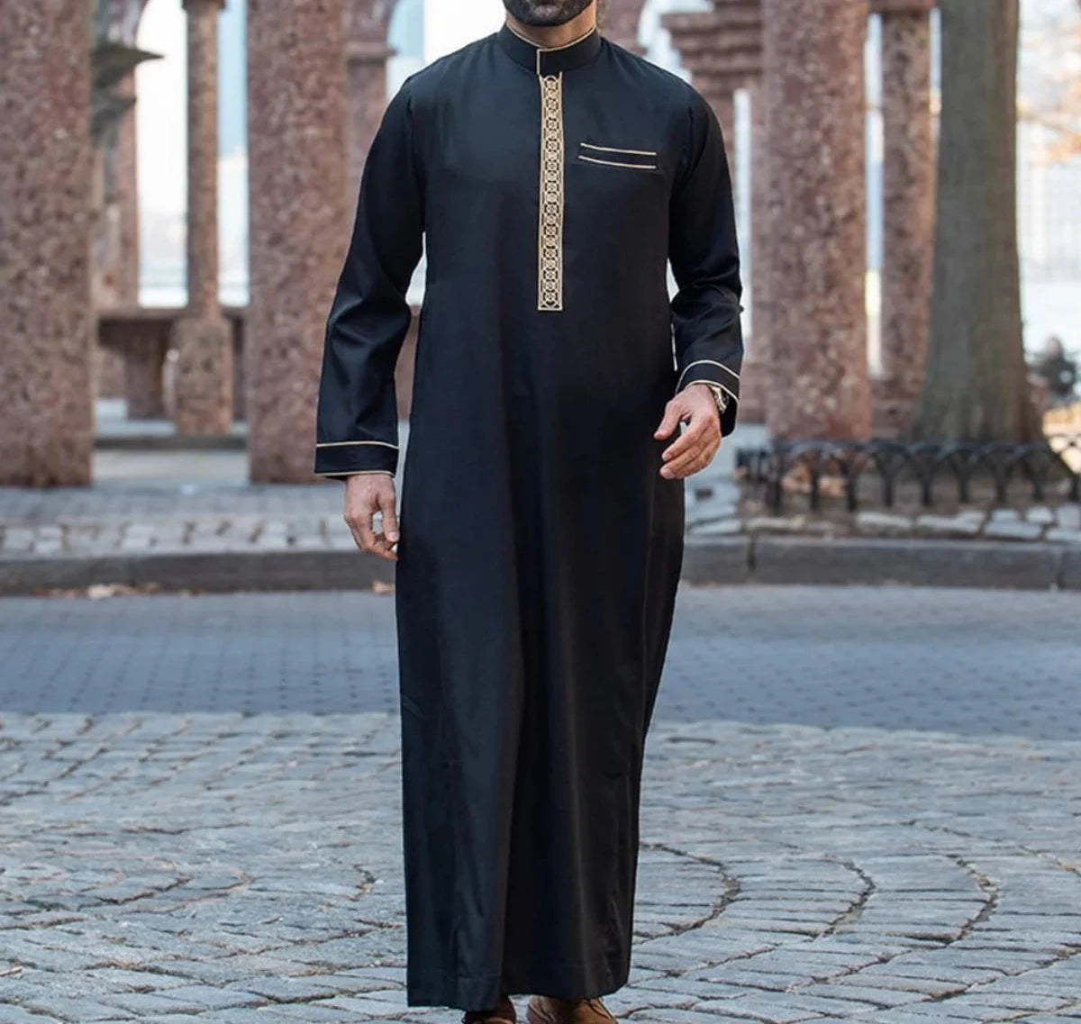 Kamis Homme Longue Robe Arabe – Col Mandarin Brodé, Manches Longues, Style Casual | Jubba Muslim 4 Saisons