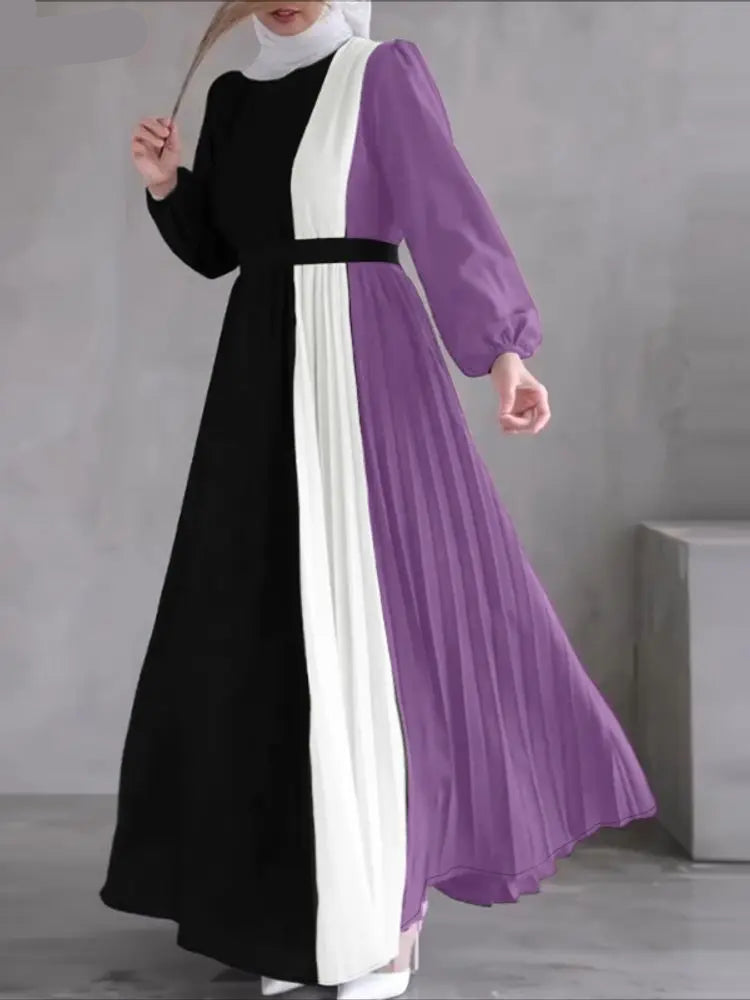 Robe Abaya Longue –  Plissée Bicolore Modeste avec Ceinture, Manches Longues, Style Élégant