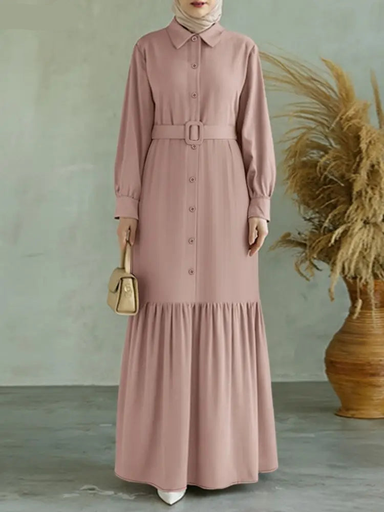 Robe Abaya Longue  – Robe Élégante Ceinturée à Volants, Manches Longues, Style Moderne et Modeste