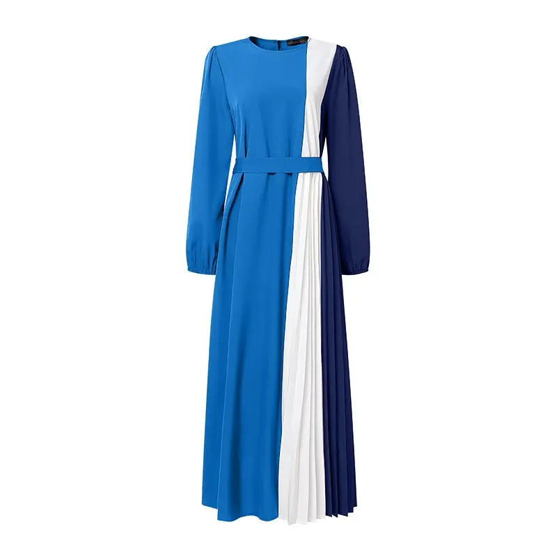 Robe Abaya Longue –  Plissée Bicolore Modeste avec Ceinture, Manches Longues, Style Élégant