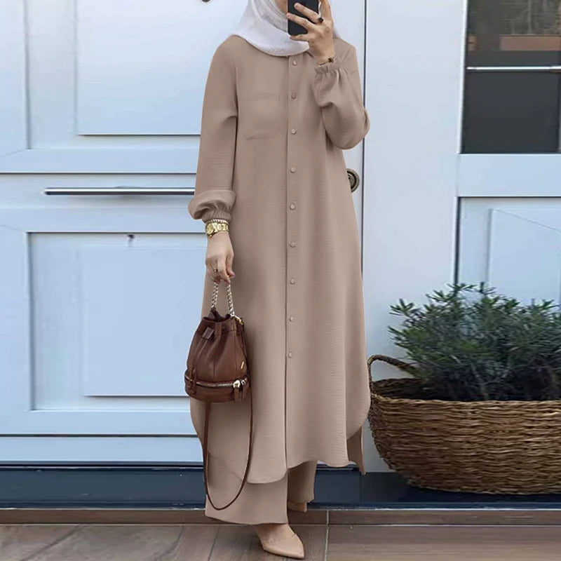 Ensemble Abaya Femme 2 Pièces – Long Haut + Pantalon Large | Tenue Musulmane Élégante Style Dubai