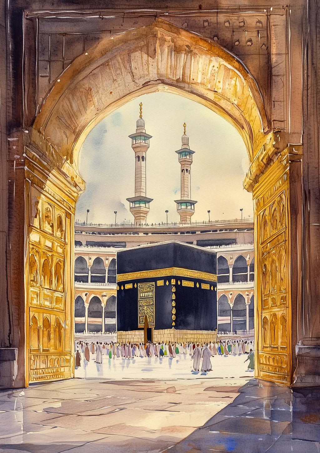 Mosquée Al-Aqsa et Kaaba – Affiche Islamique Aquarelle sur Toile pour Décoration Murale Moderne