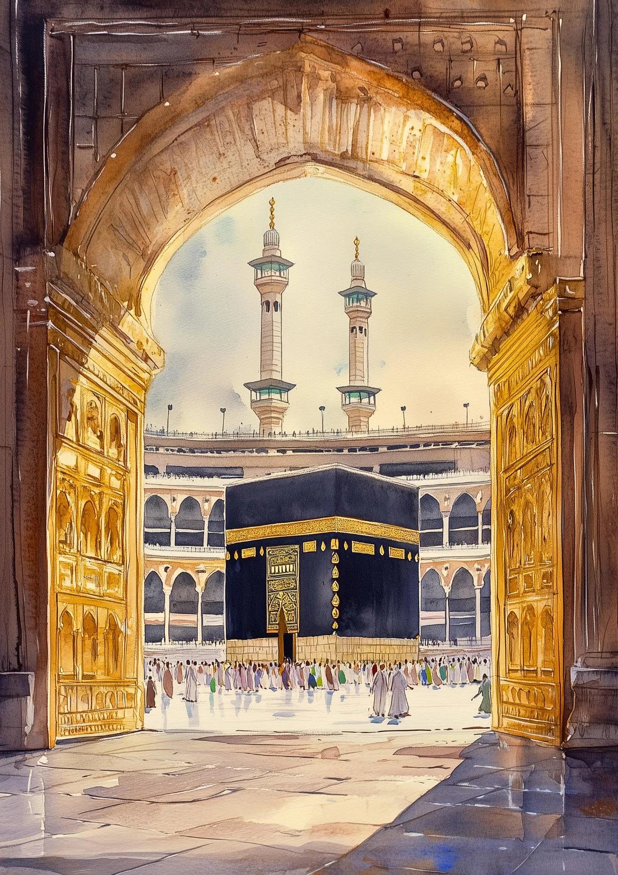 Mosquée Al-Aqsa et Kaaba – Affiche Islamique Aquarelle sur Toile pour Décoration Murale Moderne