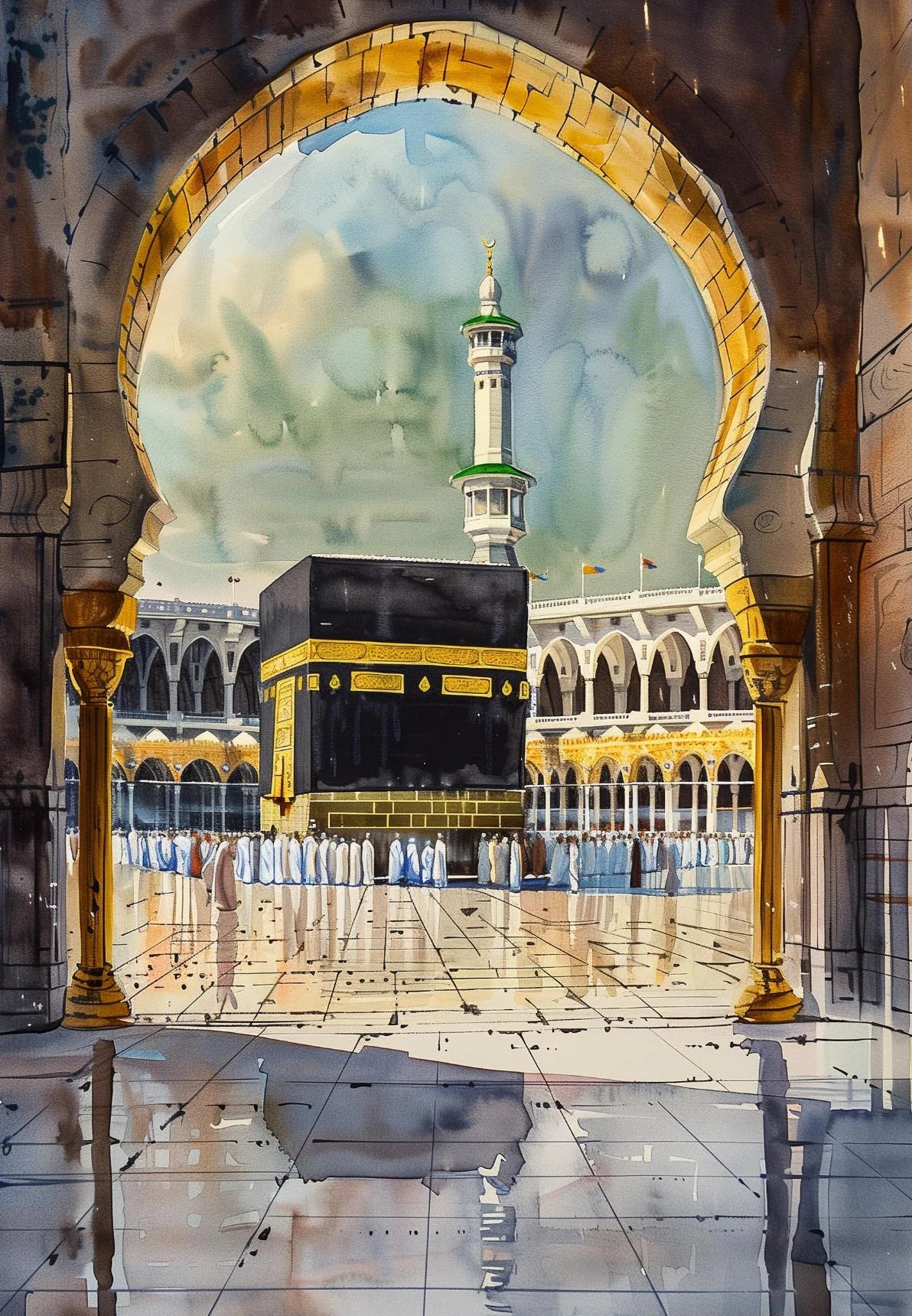 Mosquée Al-Aqsa et Kaaba – Affiche Islamique Aquarelle sur Toile pour Décoration Murale Moderne