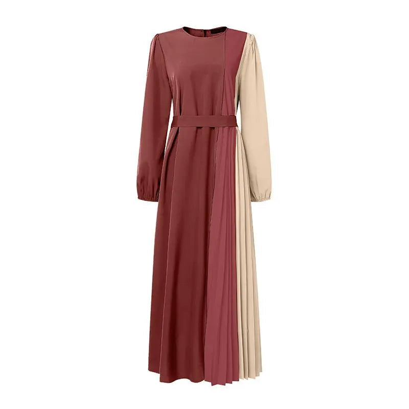 Robe Abaya Longue –  Plissée Bicolore Modeste avec Ceinture, Manches Longues, Style Élégant