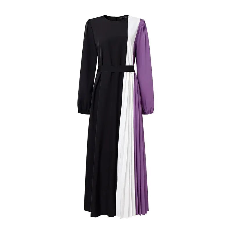 Robe Abaya Longue –  Plissée Bicolore Modeste avec Ceinture, Manches Longues, Style Élégant
