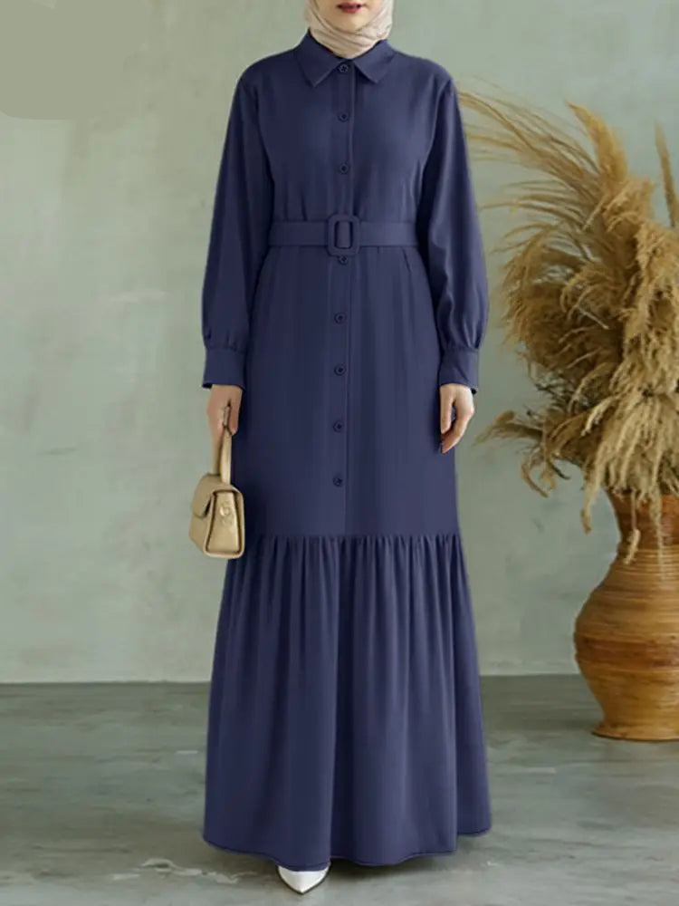 Robe Abaya Longue  – Robe Élégante Ceinturée à Volants, Manches Longues, Style Moderne et Modeste