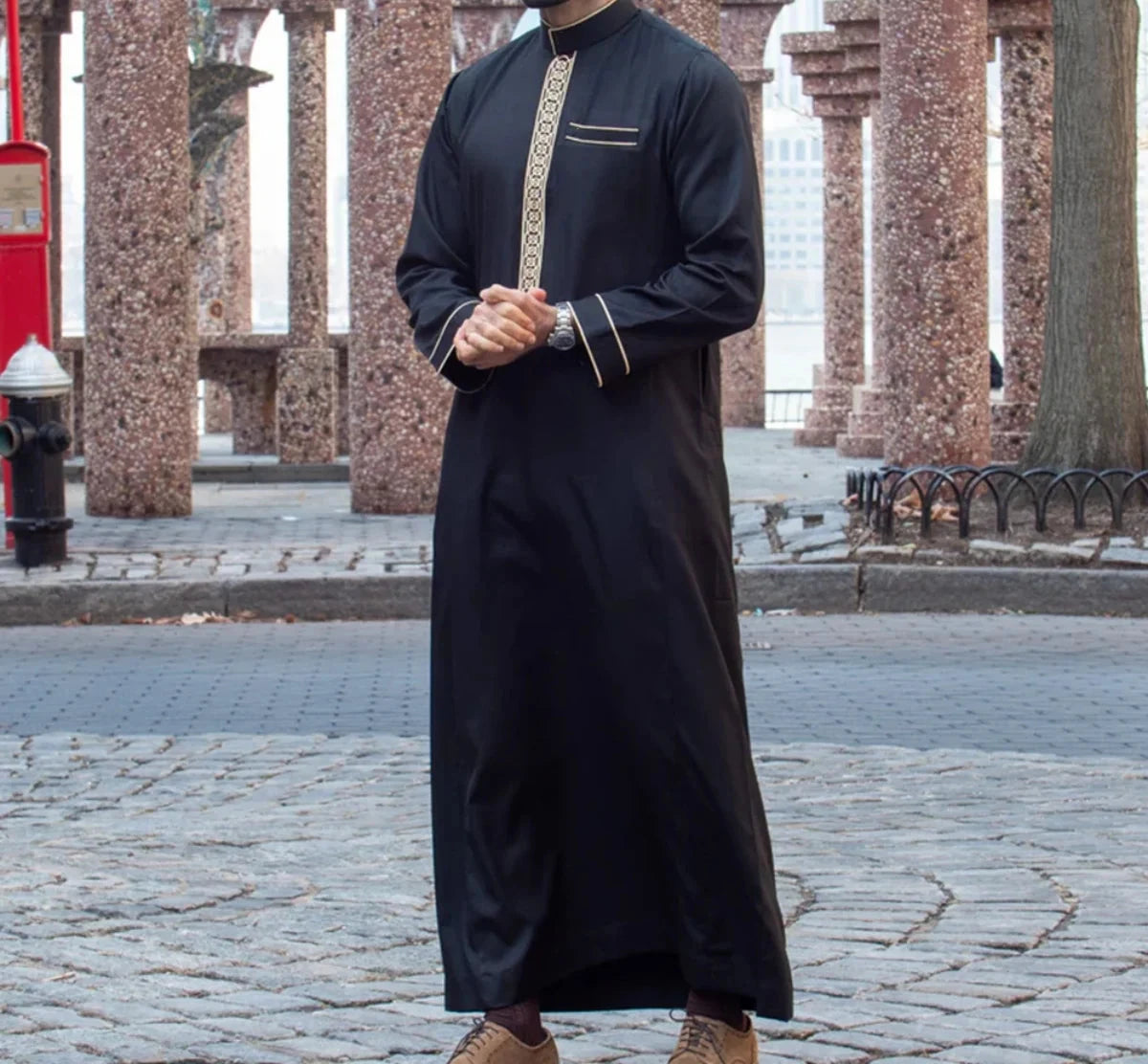 Kamis Homme Longue Robe Arabe – Col Mandarin Brodé, Manches Longues, Style Casual | Jubba Muslim 4 Saisons