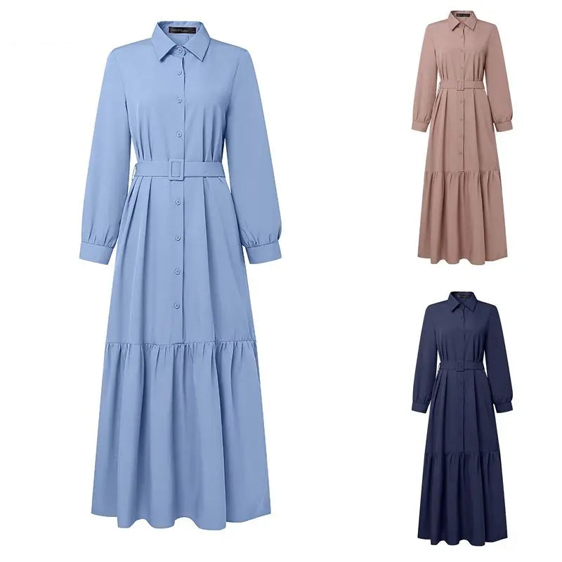 Robe Abaya Longue  – Robe Élégante Ceinturée à Volants, Manches Longues, Style Moderne et Modeste