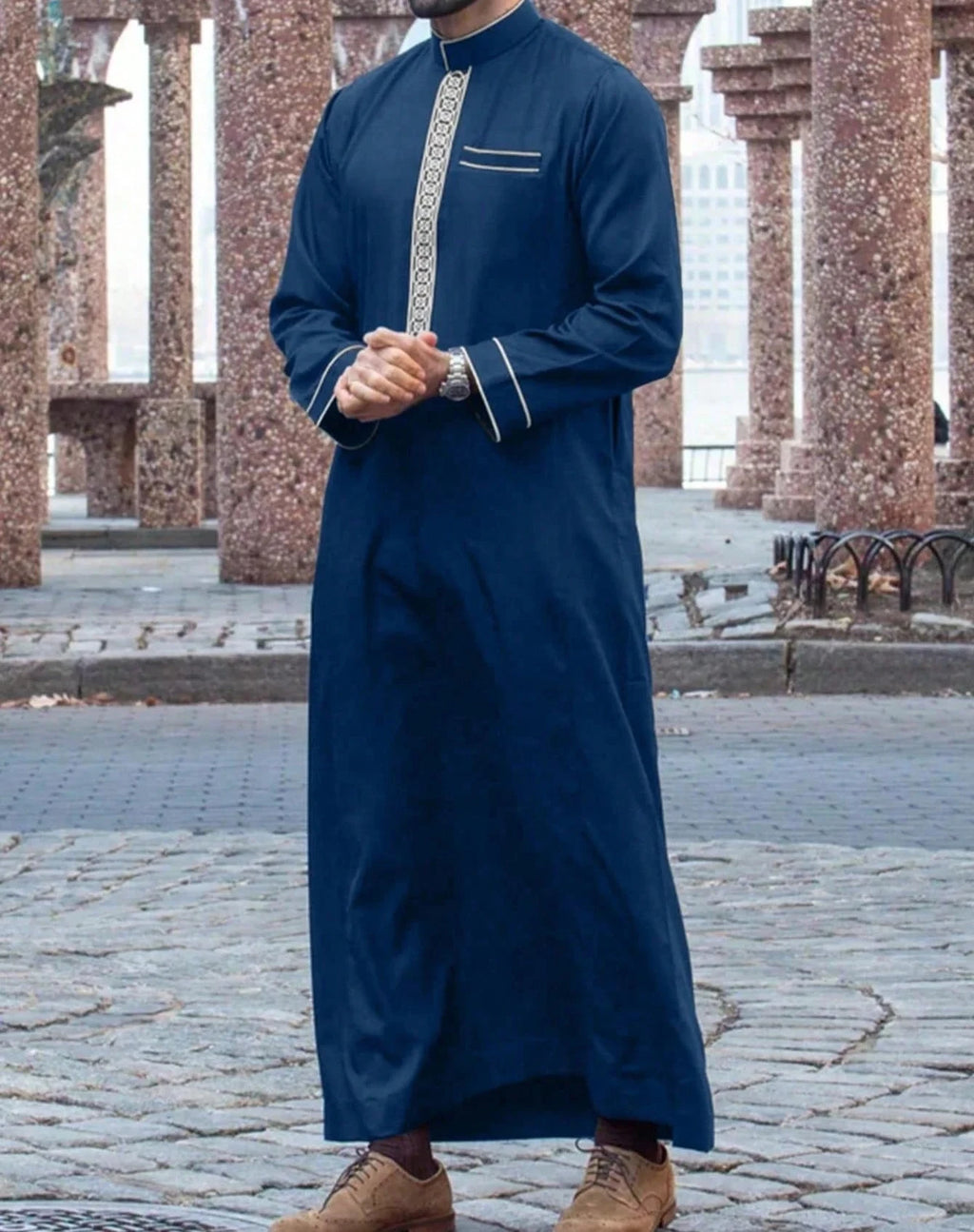 Kamis Homme Longue Robe Arabe – Col Mandarin Brodé, Manches Longues, Style Casual | Jubba Muslim 4 Saisons