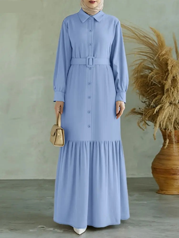 Robe Abaya Longue  – Robe Élégante Ceinturée à Volants, Manches Longues, Style Moderne et Modeste