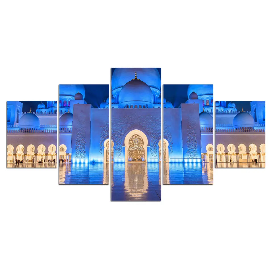Tableau Islamique 5 Pièces – Calligraphie du Coran & Motifs de Mosquée – Impression sur Toile Moderne