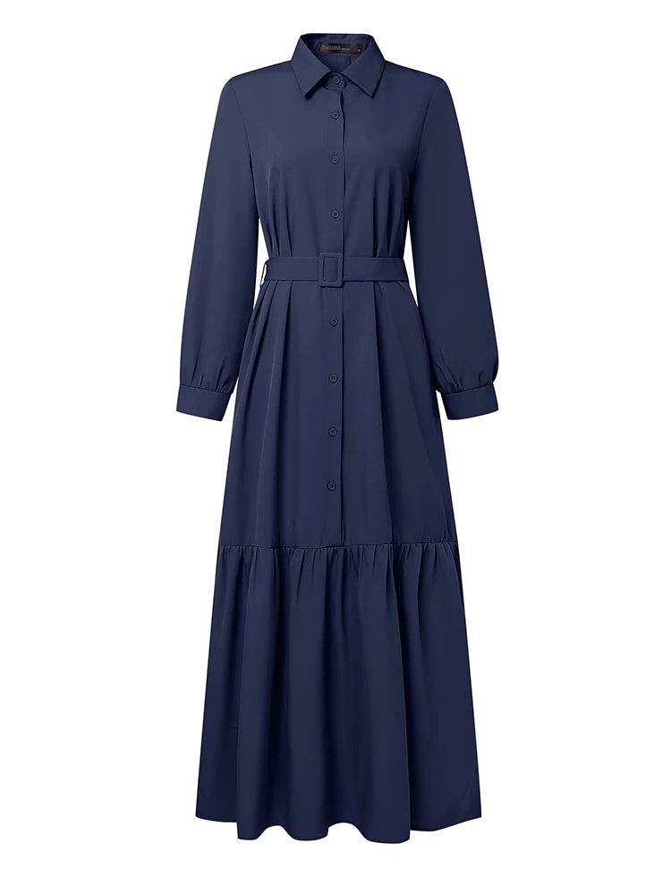 Robe Abaya Longue  – Robe Élégante Ceinturée à Volants, Manches Longues, Style Moderne et Modeste