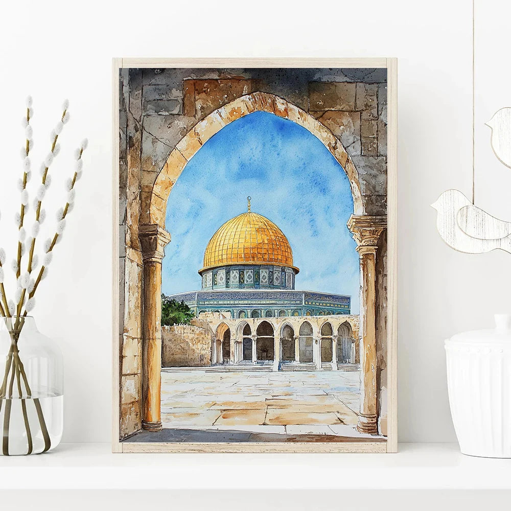 Mosquée Al-Aqsa et Kaaba – Affiche Islamique Aquarelle sur Toile pour Décoration Murale Moderne