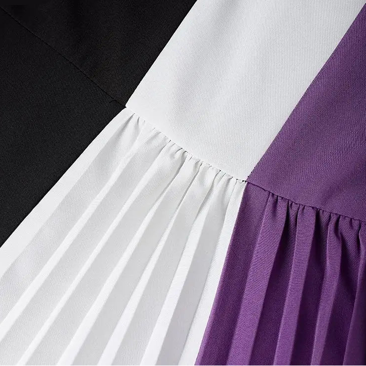 Robe Abaya Longue –  Plissée Bicolore Modeste avec Ceinture, Manches Longues, Style Élégant