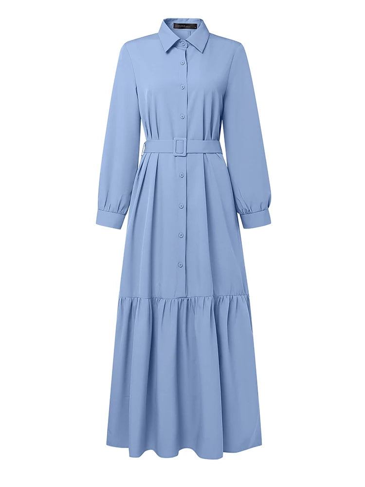Robe Abaya Longue  – Robe Élégante Ceinturée à Volants, Manches Longues, Style Moderne et Modeste