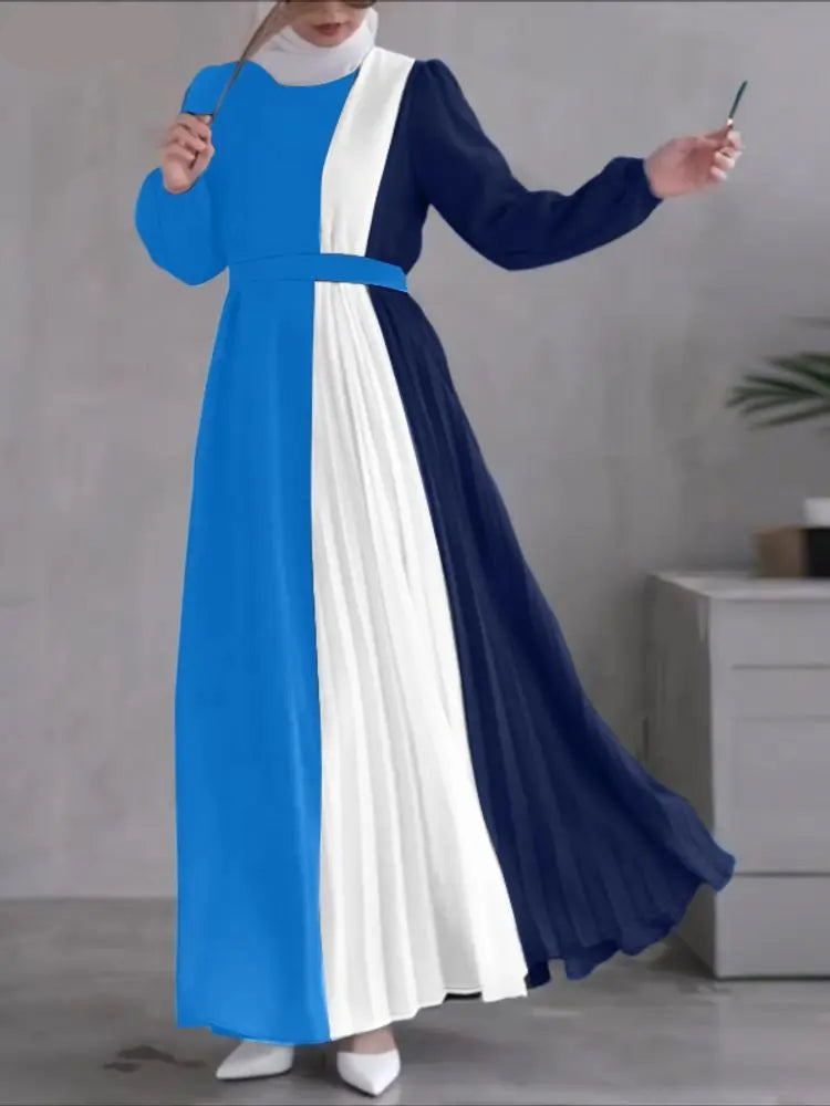 Robe Abaya Longue –  Plissée Bicolore Modeste avec Ceinture, Manches Longues, Style Élégant