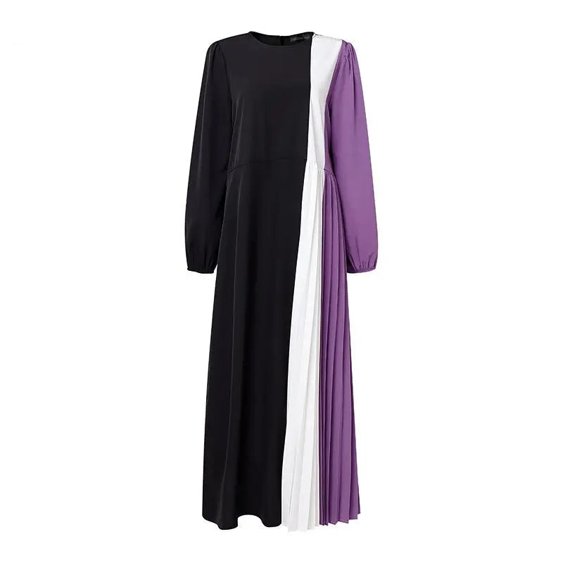 Robe Abaya Longue –  Plissée Bicolore Modeste avec Ceinture, Manches Longues, Style Élégant