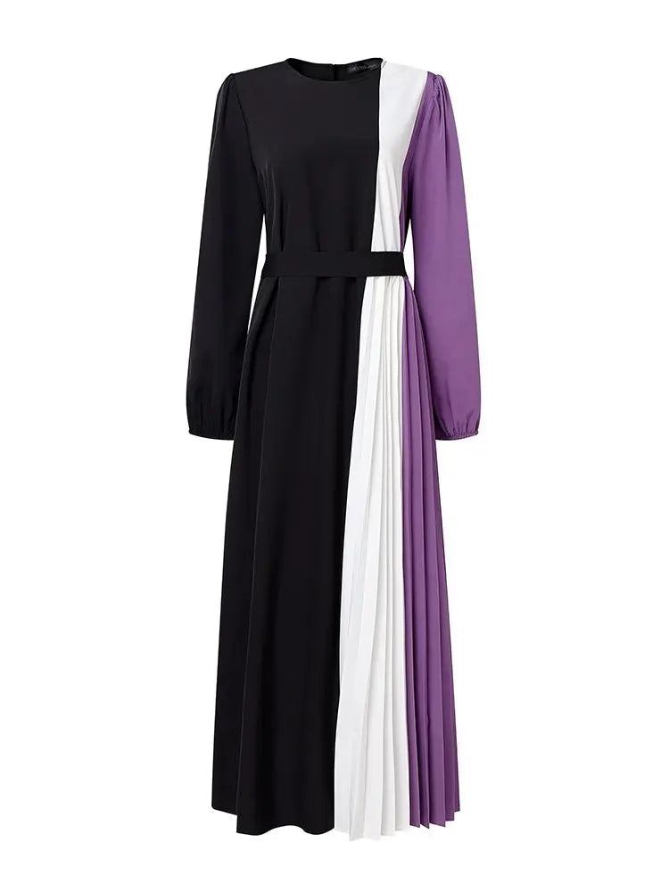 Robe Abaya Longue –  Plissée Bicolore Modeste avec Ceinture, Manches Longues, Style Élégant