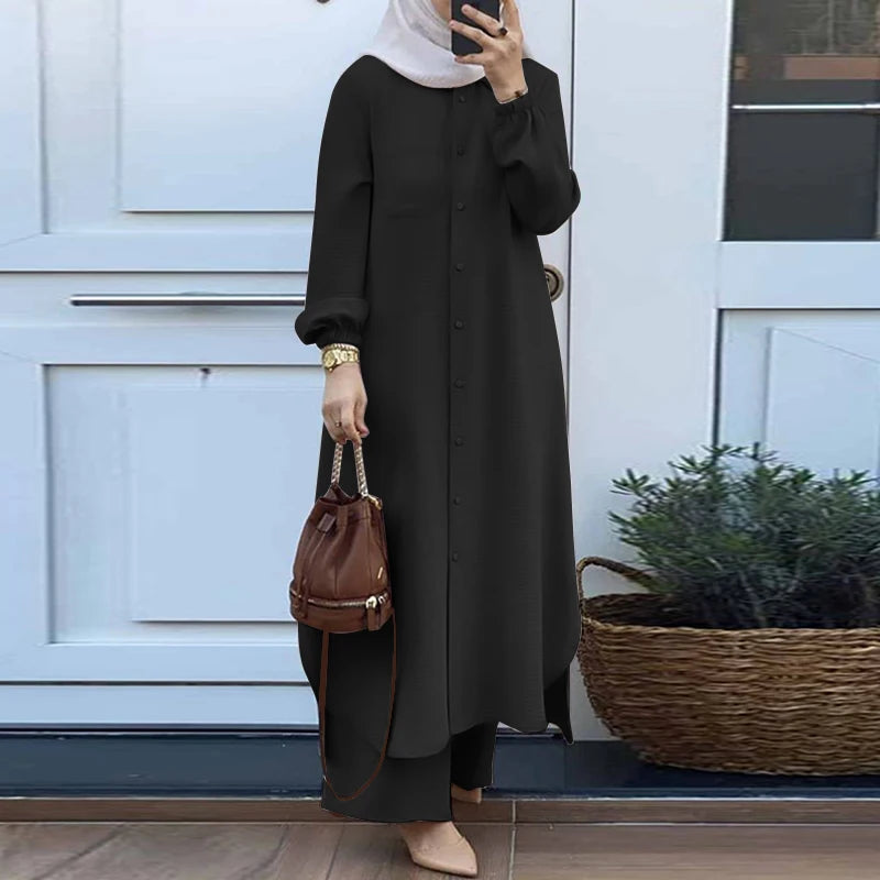 Ensemble Abaya Femme 2 Pièces – Long Haut + Pantalon Large | Tenue Musulmane Élégante Style Dubai