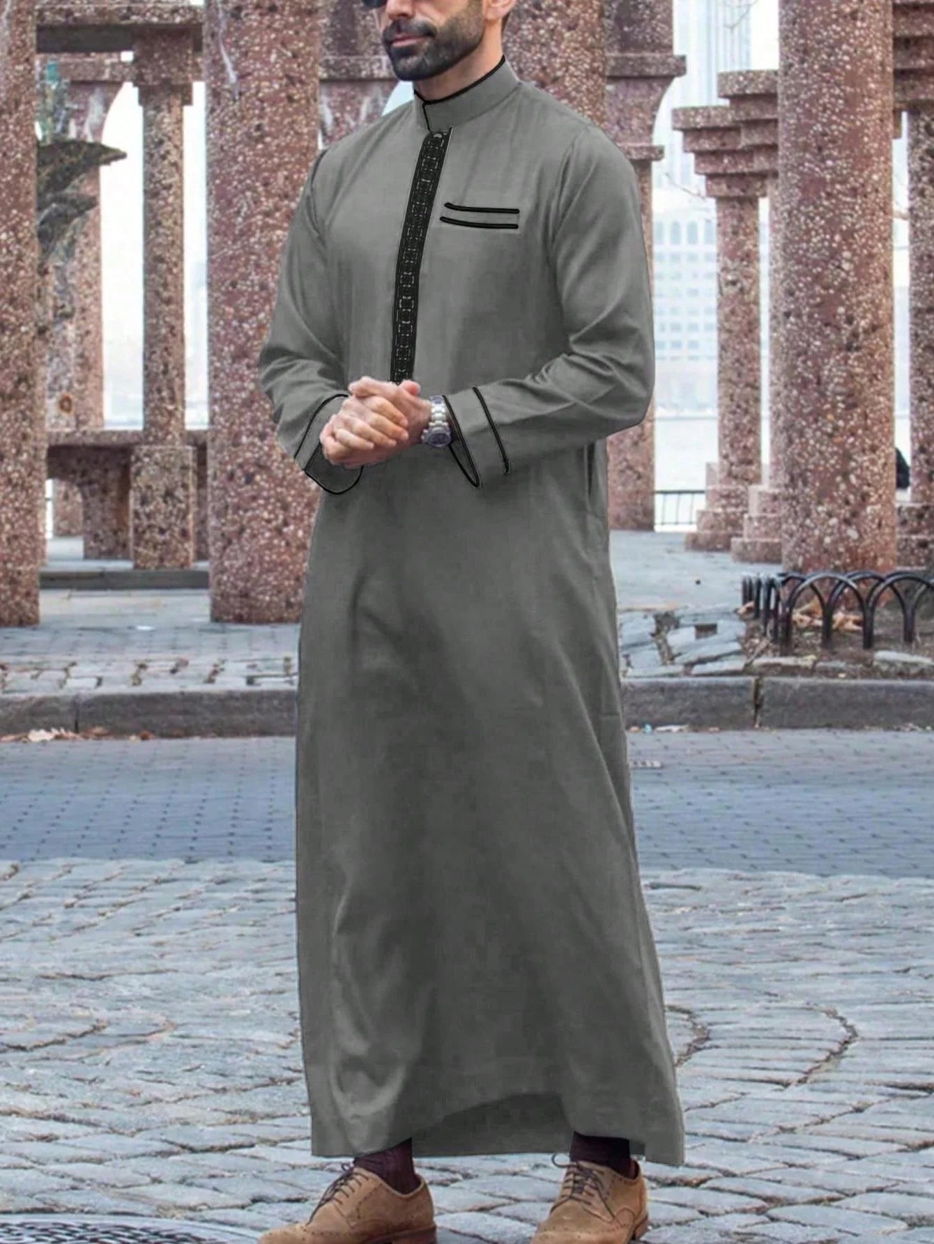 Kamis Homme Longue Robe Arabe – Col Mandarin Brodé, Manches Longues, Style Casual | Jubba Muslim 4 Saisons