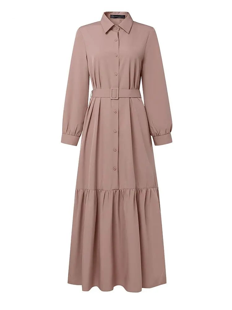 Robe Abaya Longue  – Robe Élégante Ceinturée à Volants, Manches Longues, Style Moderne et Modeste