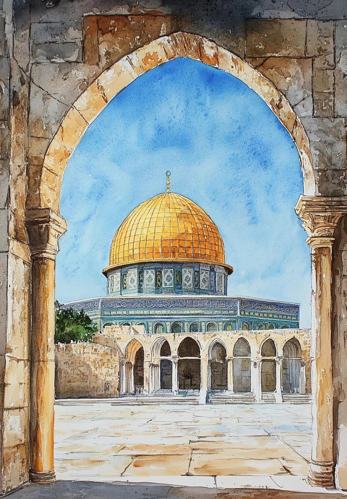 Mosquée Al-Aqsa et Kaaba – Affiche Islamique Aquarelle sur Toile pour Décoration Murale Moderne