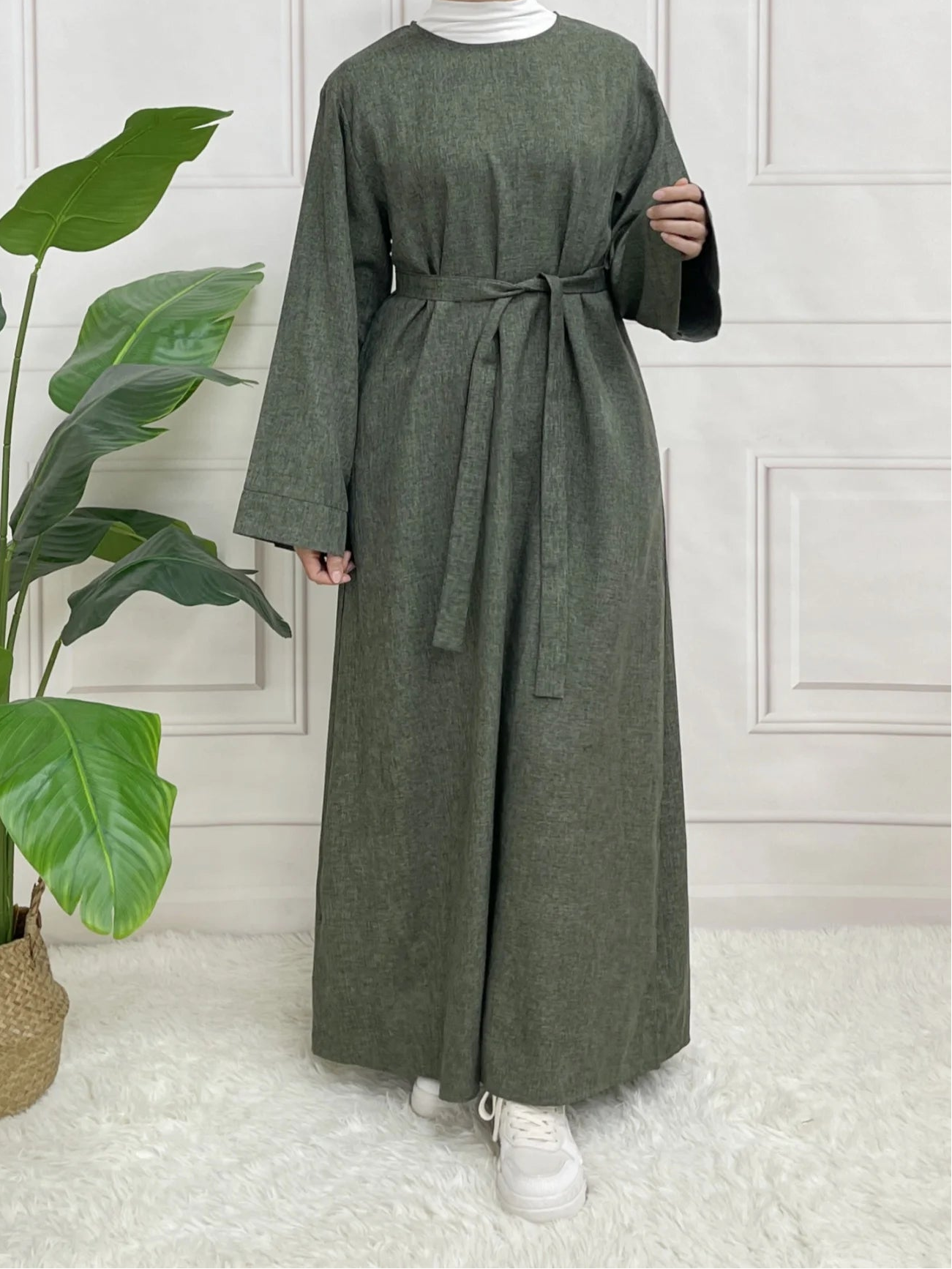 Abaya Longue Unie avec Ceinture – Robe Modeste Femme Manches Longues | Tenue Islamique Élégante Sans Hijab