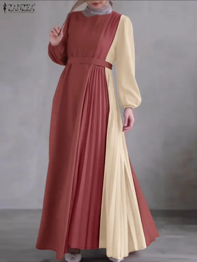 Robe Abaya Longue –  Plissée Bicolore Modeste avec Ceinture, Manches Longues, Style Élégant