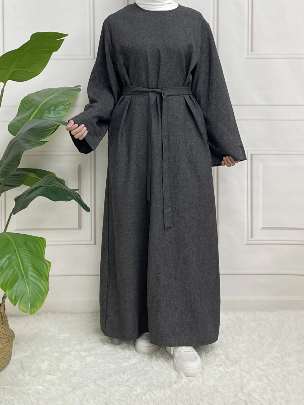 Abaya Longue Unie avec Ceinture – Robe Modeste Femme Manches Longues | Tenue Islamique Élégante Sans Hijab