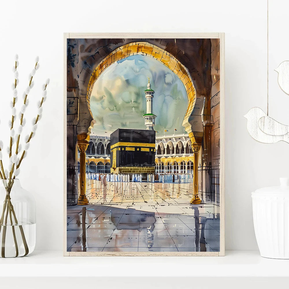 Mosquée Al-Aqsa et Kaaba – Affiche Islamique Aquarelle sur Toile pour Décoration Murale Moderne