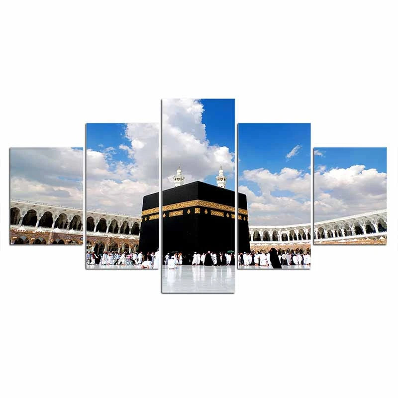 Tableau Islamique 5 Pièces – Calligraphie du Coran & Motifs de Mosquée – Impression sur Toile Moderne