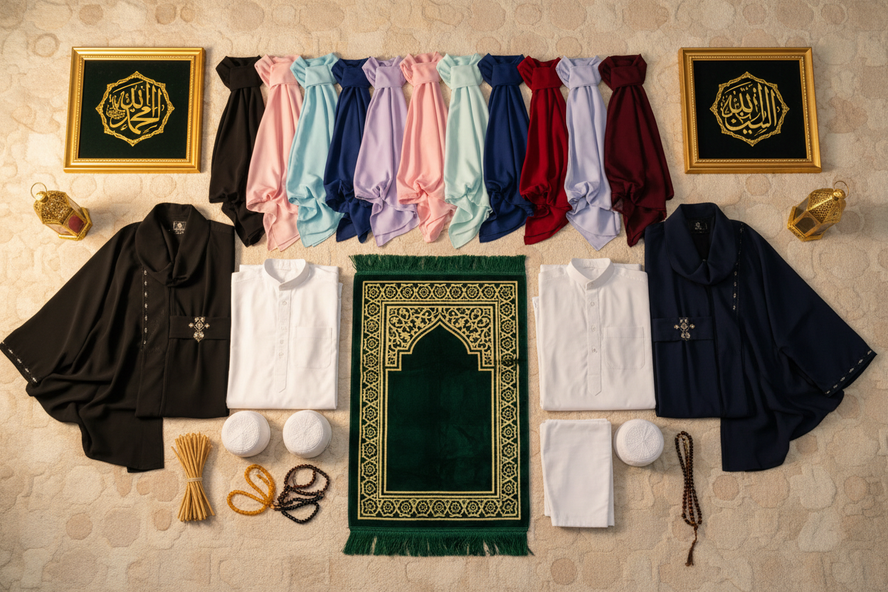 Peuxtu me faire une image de couverture pour une boutique une image large qui regroupe tous les objets que je vais te citer. Abayas Jilbabs Hijabs Chales Kamis Sarouels Miswak Tableaux et objet de décoration islamiques Tapis de prière Tasbih Taqiyah 